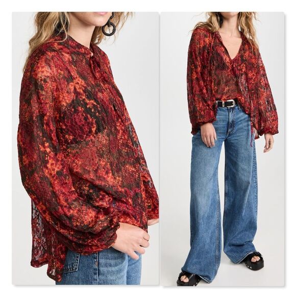 Free People Top Womens M Out For The Night in Hot Orange Sheer Snake Combo NEW